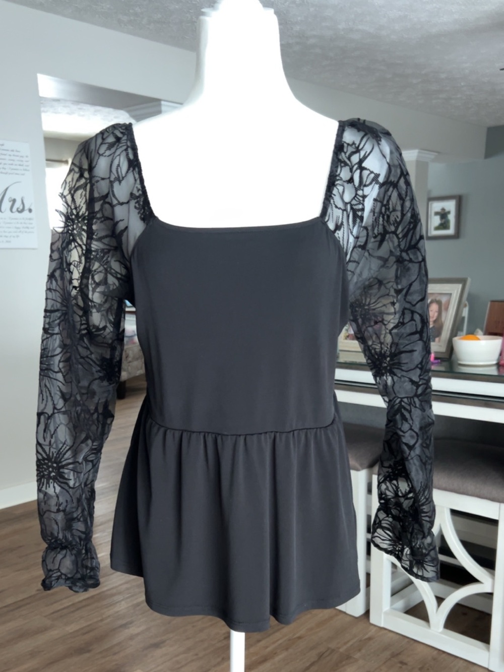 Maurices Black Peplum Top with Lace Sleeves